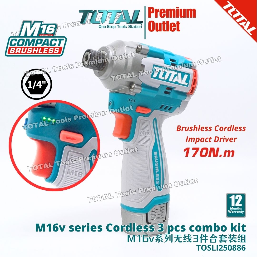 TOTAL Tools M16V series 3 in 1 COMBO set, BL cordless impact driver, 3D ...