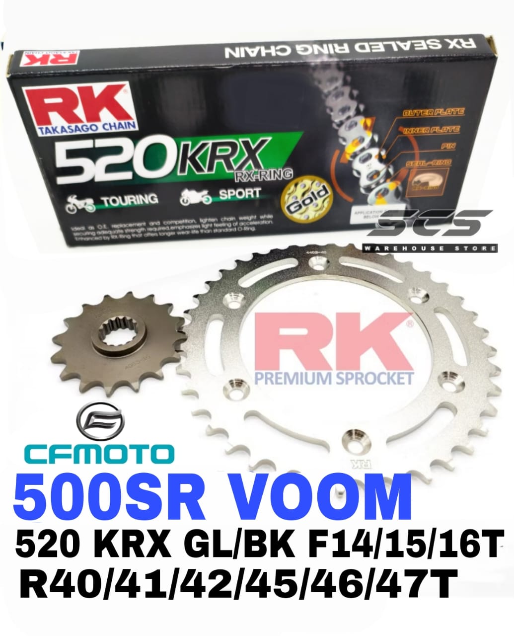 RK Sprocket Set CF MOTO 500SR VOOM RK 520 KRX X-Ring Black / Gold Chain ...