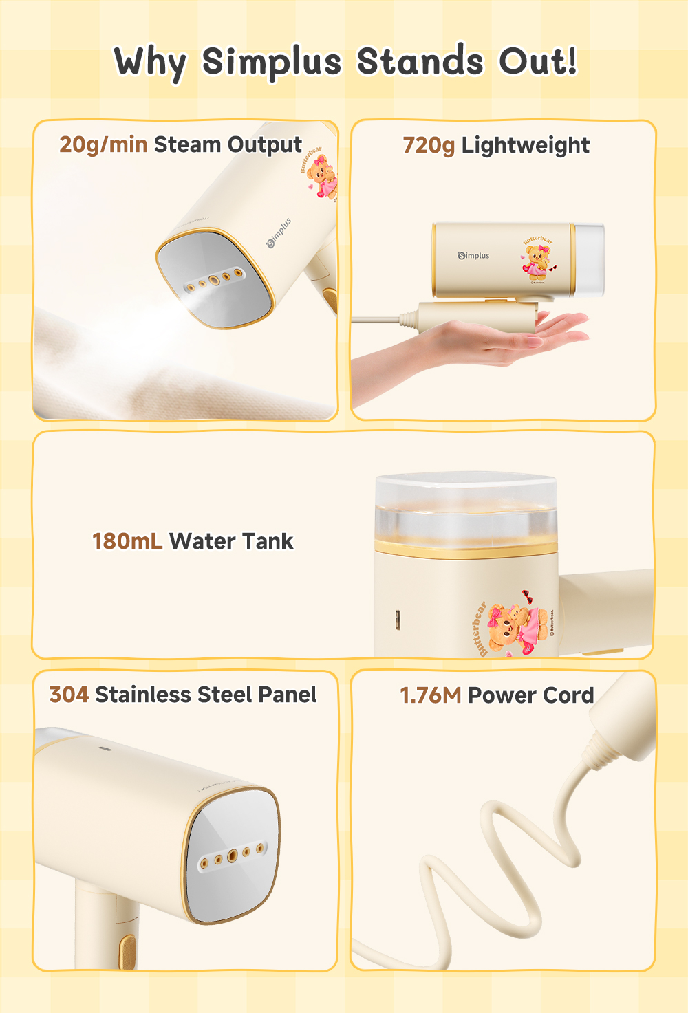 【Simplus×Butterbear】1200W Portable Handheld Iron Garment Steamer 180ML ...