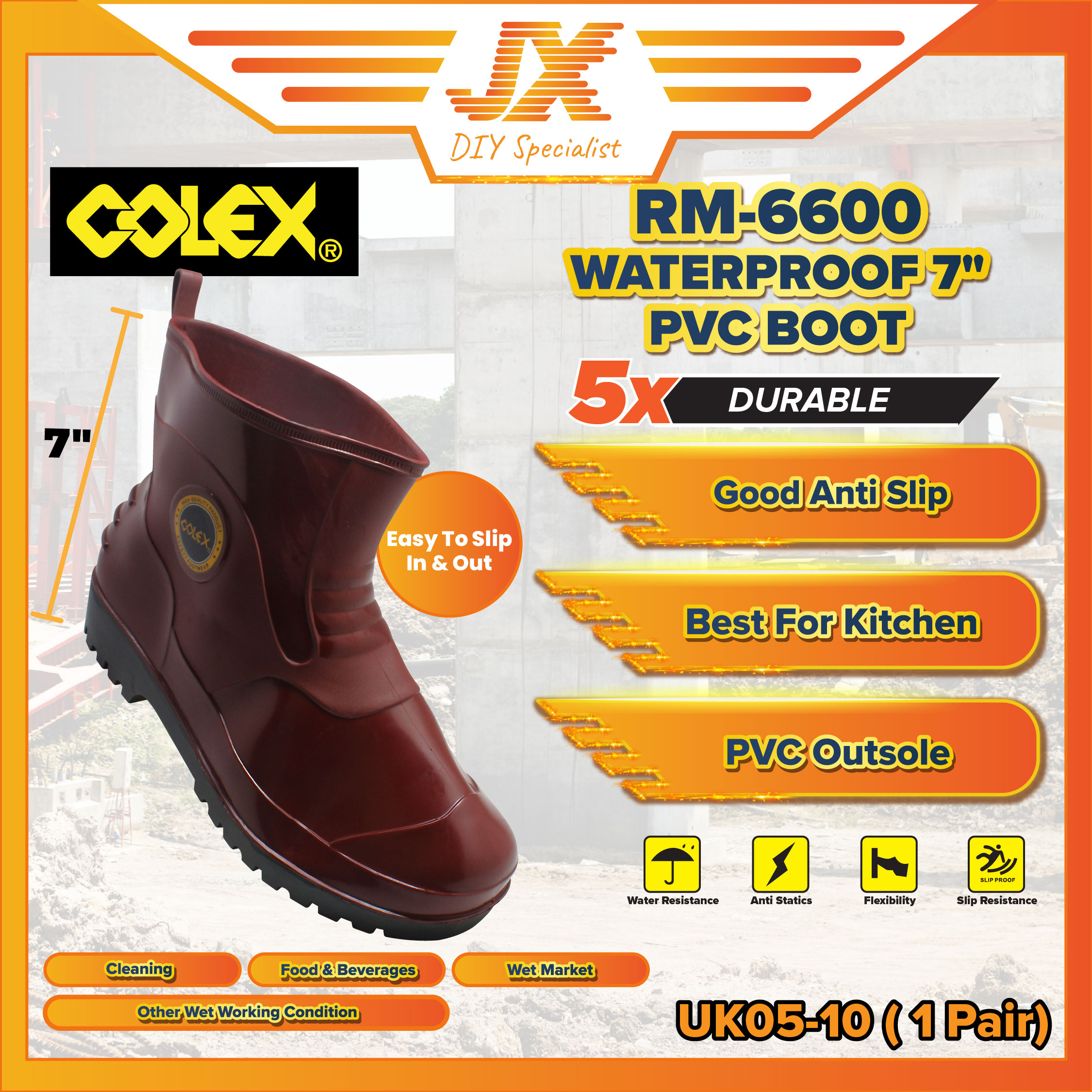 COLEX RM-6600 PVC Kitchen Boot Rain Boots Waterproof Anti Slip Garden ...
