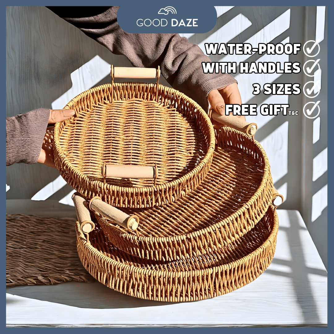Rattan Weaving Serving Tray Wicker Woven Bread Basket Handles Dinner ...
