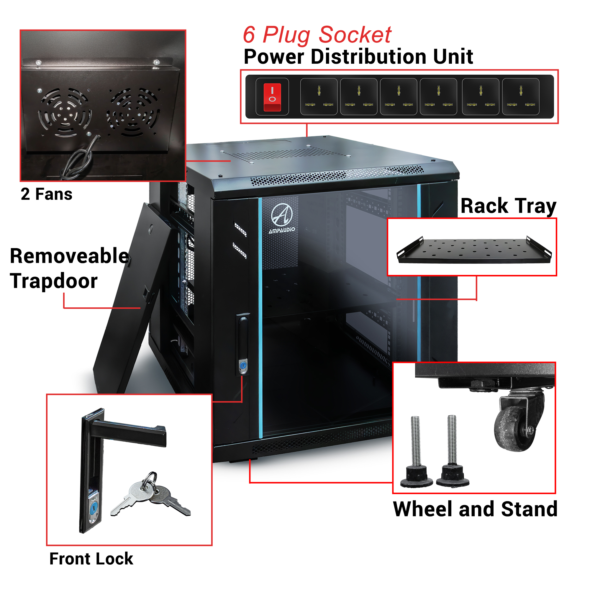 AmpAudio 18U Server Rack Cabinet Glass Door with PDU & Free Tray ...