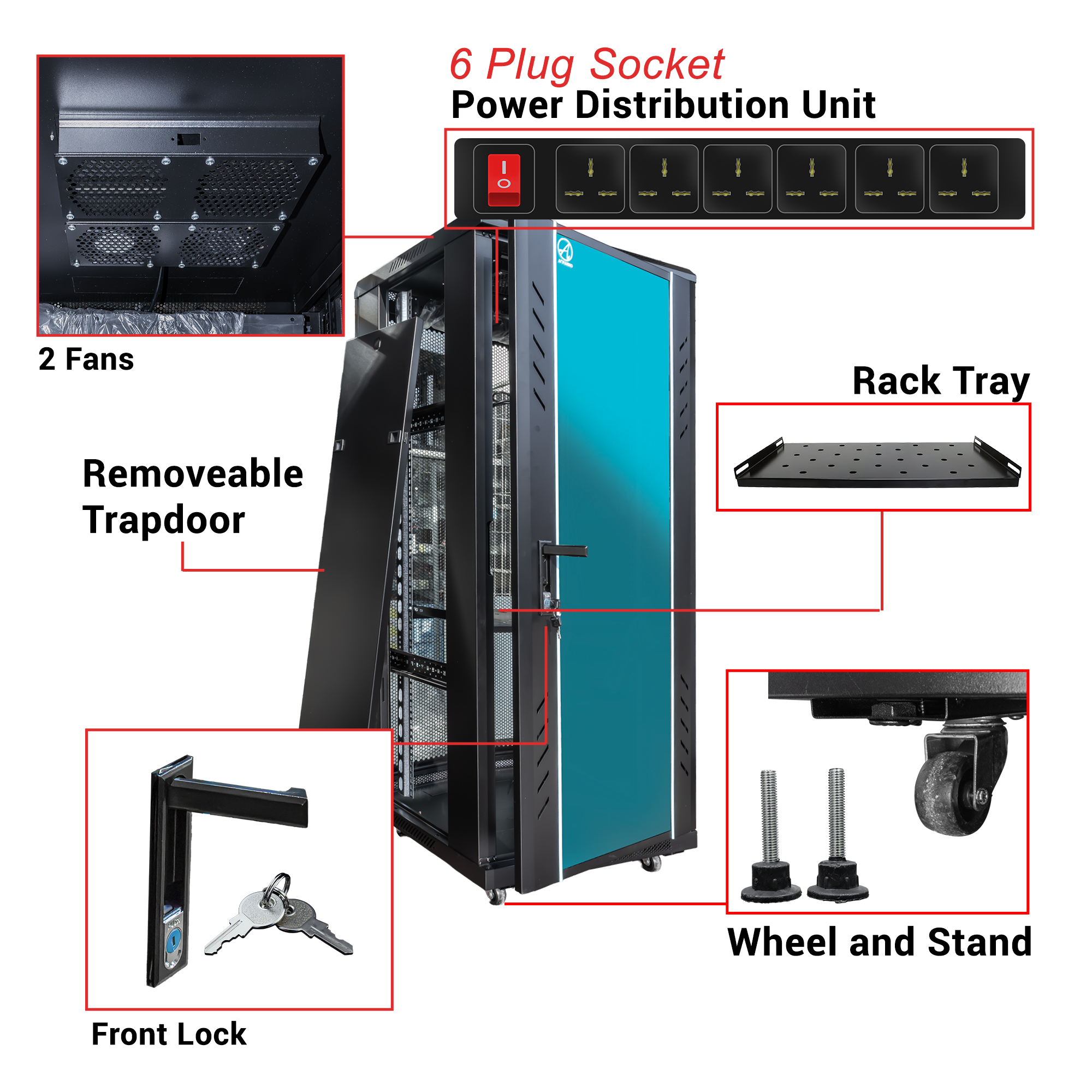 AmpAudio 28U Server Rack 60 cm Deep Cabinet Glass Door with PDU & Free ...