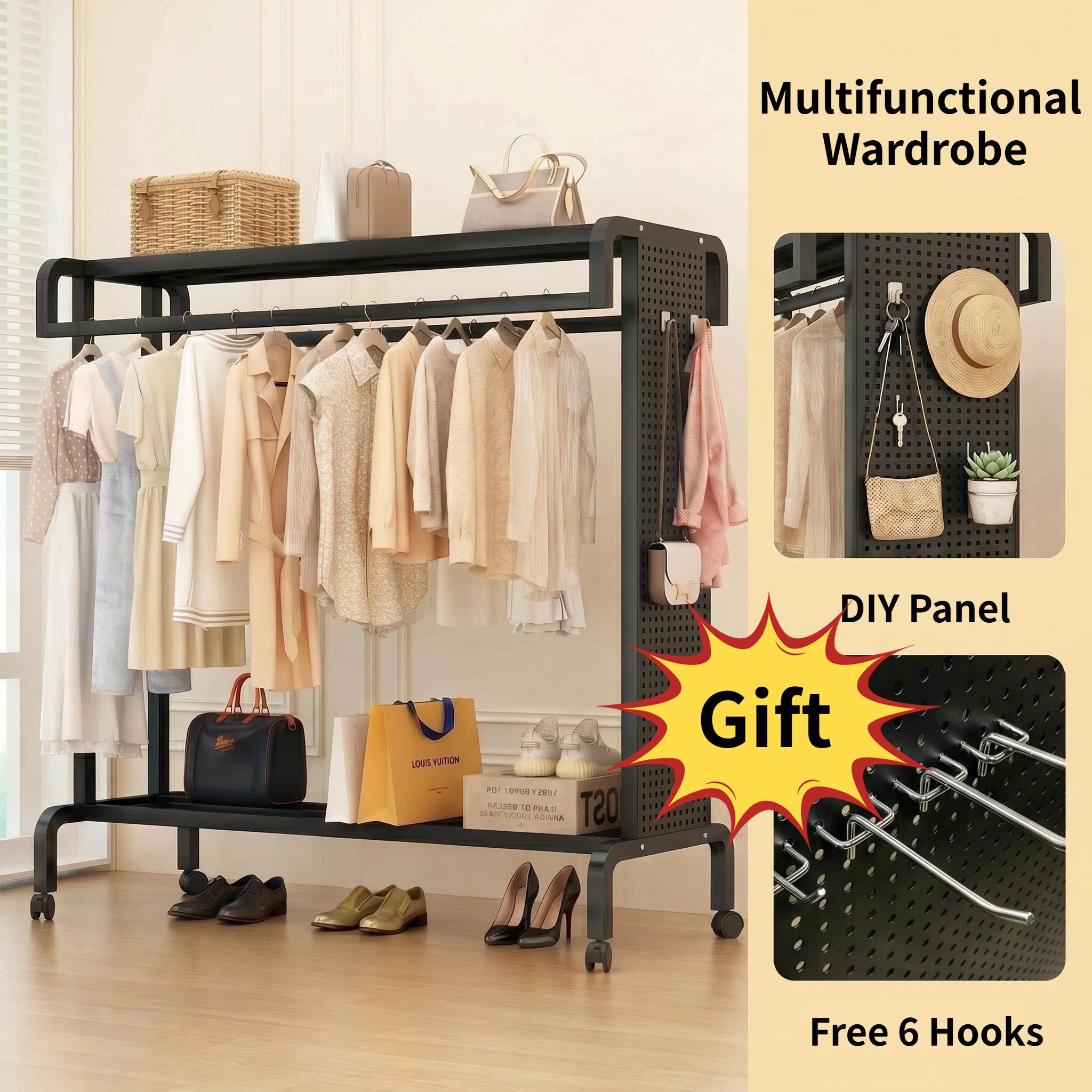 SEVENWOOD Ampaian Baju pegboard Rak Baju with wheels hanger clothes ...