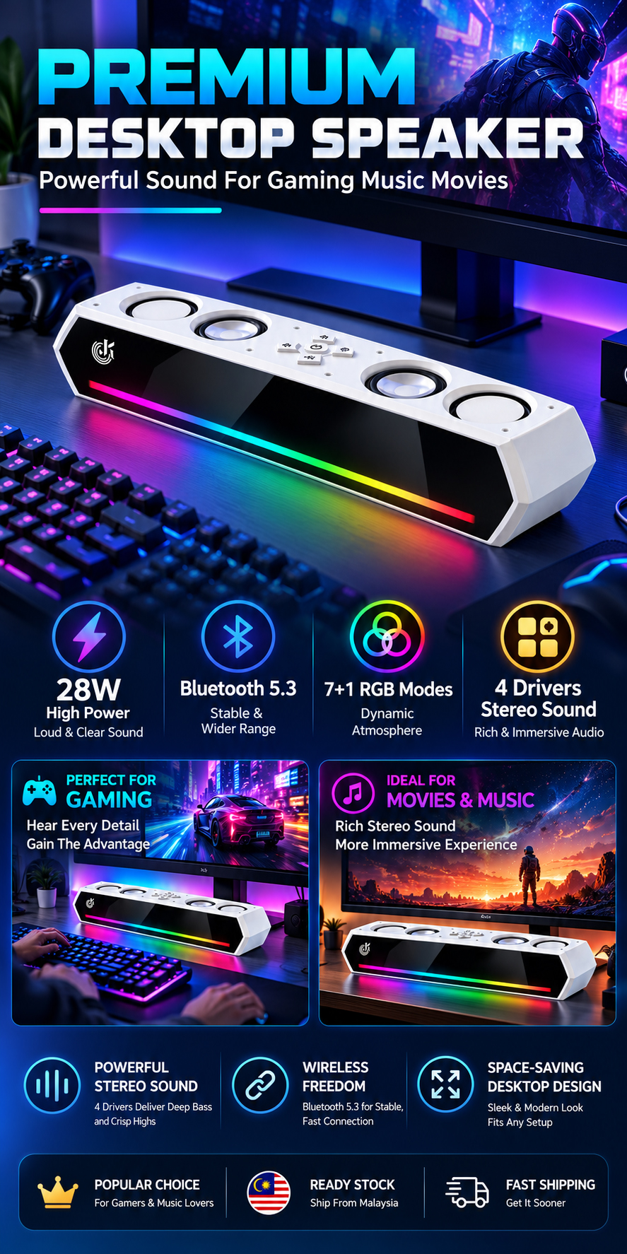 Bluetooth Speaker RGB Wireless Soundbar BASS Stereo Speaker Subwoofer ...