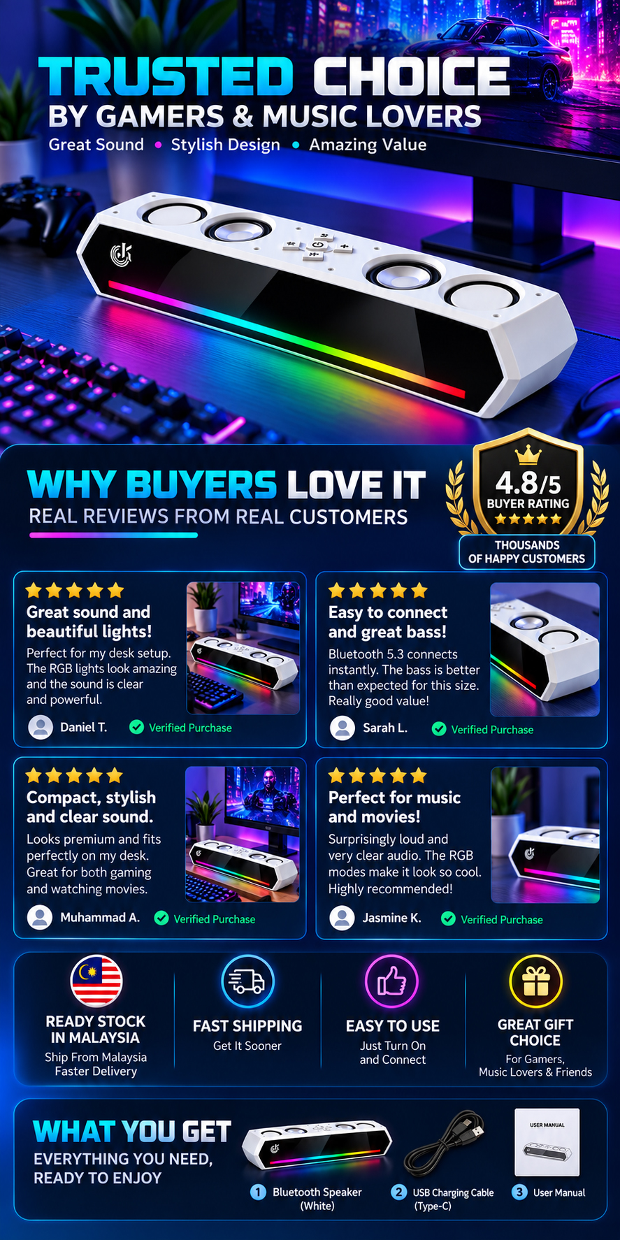 Bluetooth Speaker RGB Wireless Soundbar BASS Stereo Speaker Subwoofer ...