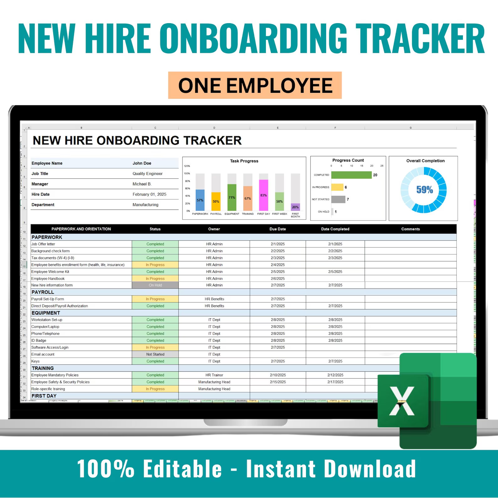 New Hire Checklist Excel Template New Hire Onboarding Job Offer New ...