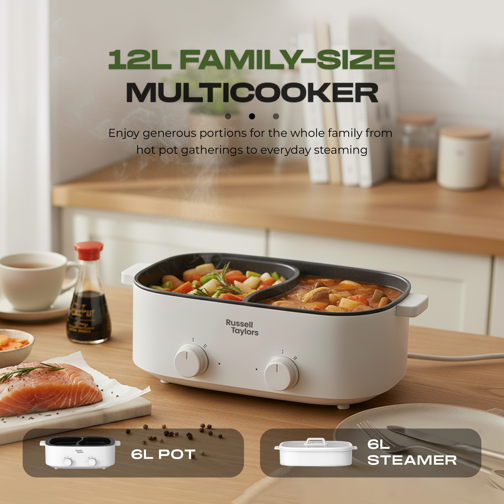 Russell Taylors Dual Compartment Non Stick Electric Hotpot & Steamer ...