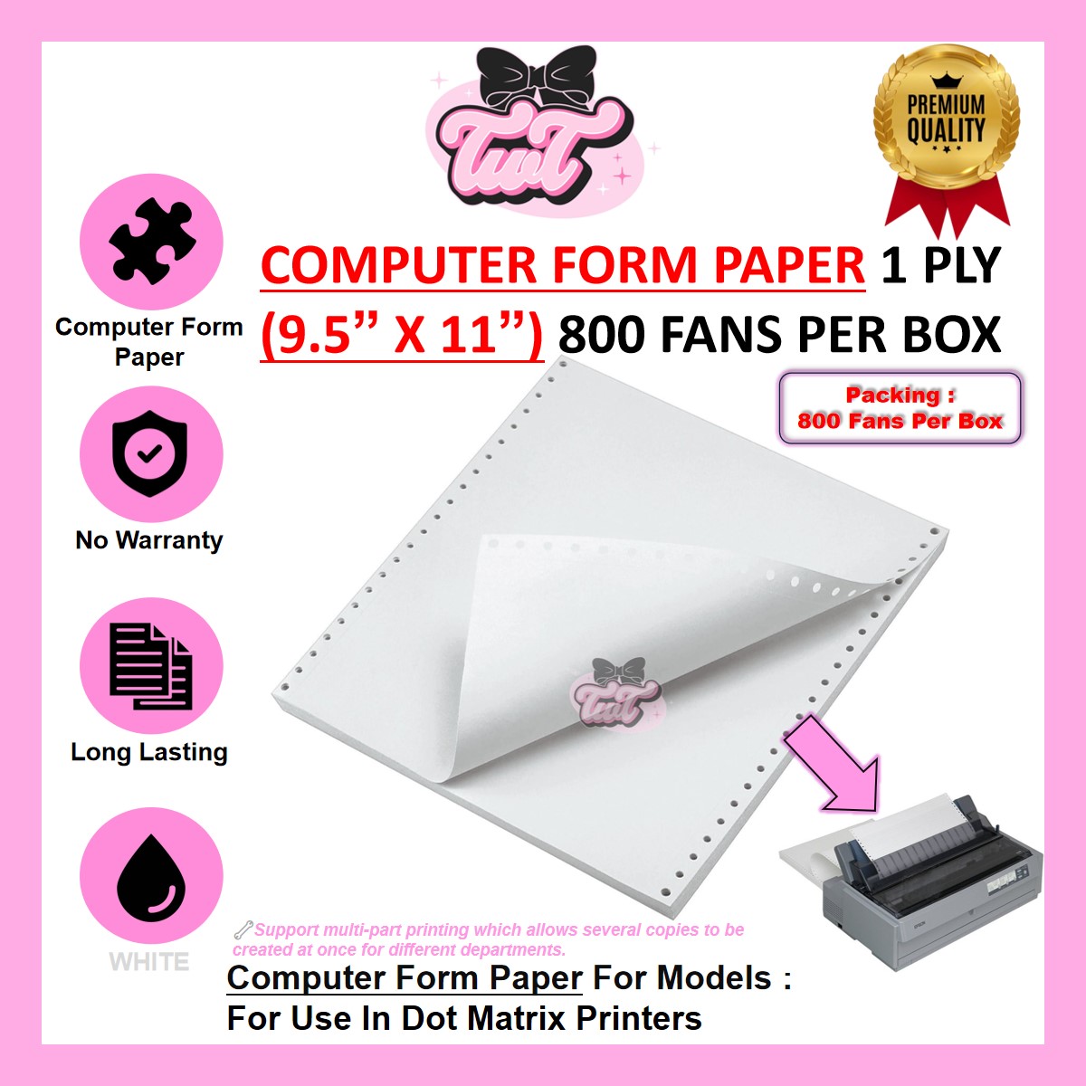 Computer Form Paper 1 PLY Single Layer 9.5" X 11" White Color 800 Fans ...