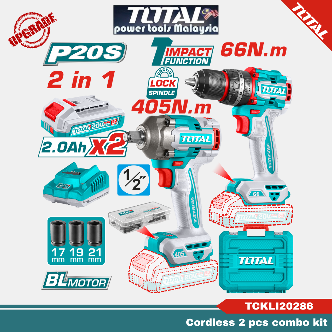 TOTAL P20S Li-ion Combo Kit with Impact Drill + Impact Wrench (20V ...