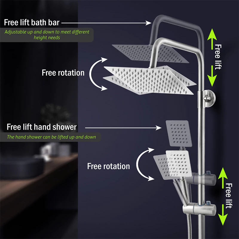 Shower Set 304 Stainless Steel In-let Shower Post Set Rain + Hand Head ...