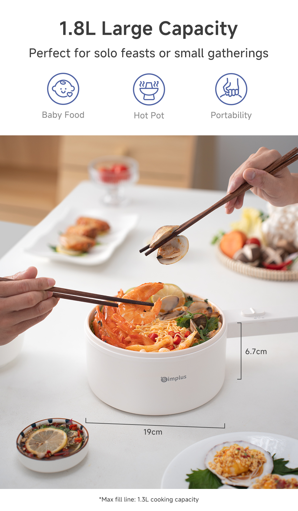 Simplus 1.8L Multi-Functional Electric Cooker丨Long Handle丨600W Power丨 ...