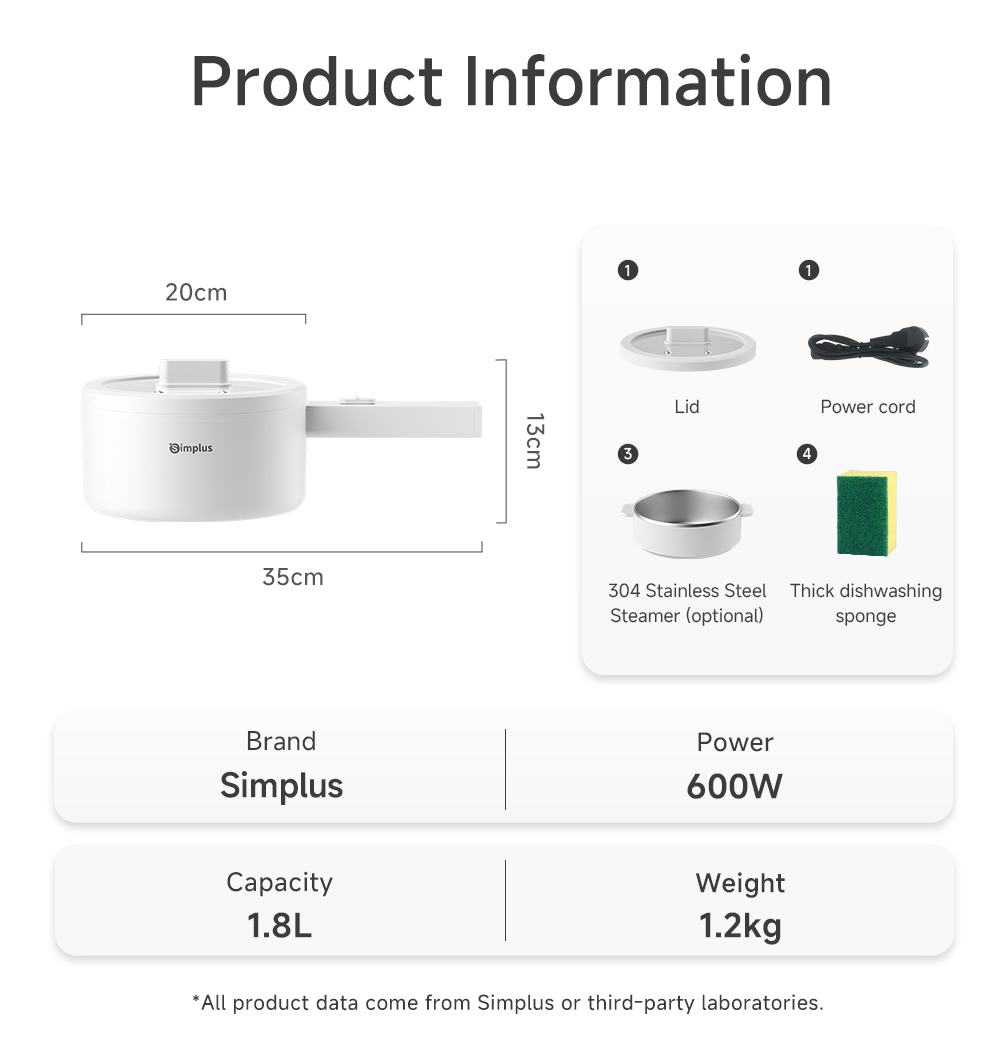 Simplus 1.8L Multi-Functional Electric Cooker丨Long Handle丨600W Power丨 ...
