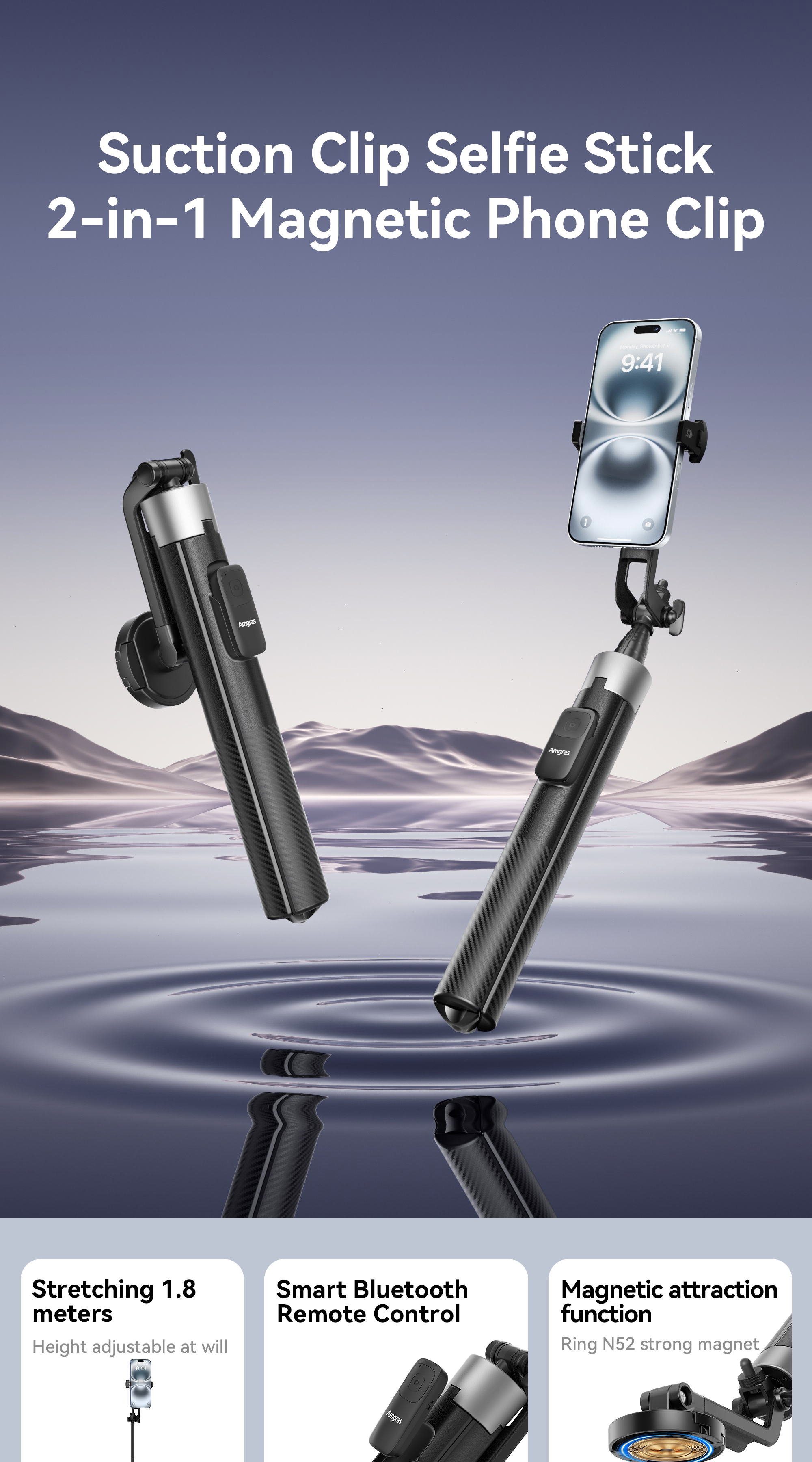 Amgras Tripod X03 Magnetic Selfie Stick Clip-on 2-in-1 Extendable ...