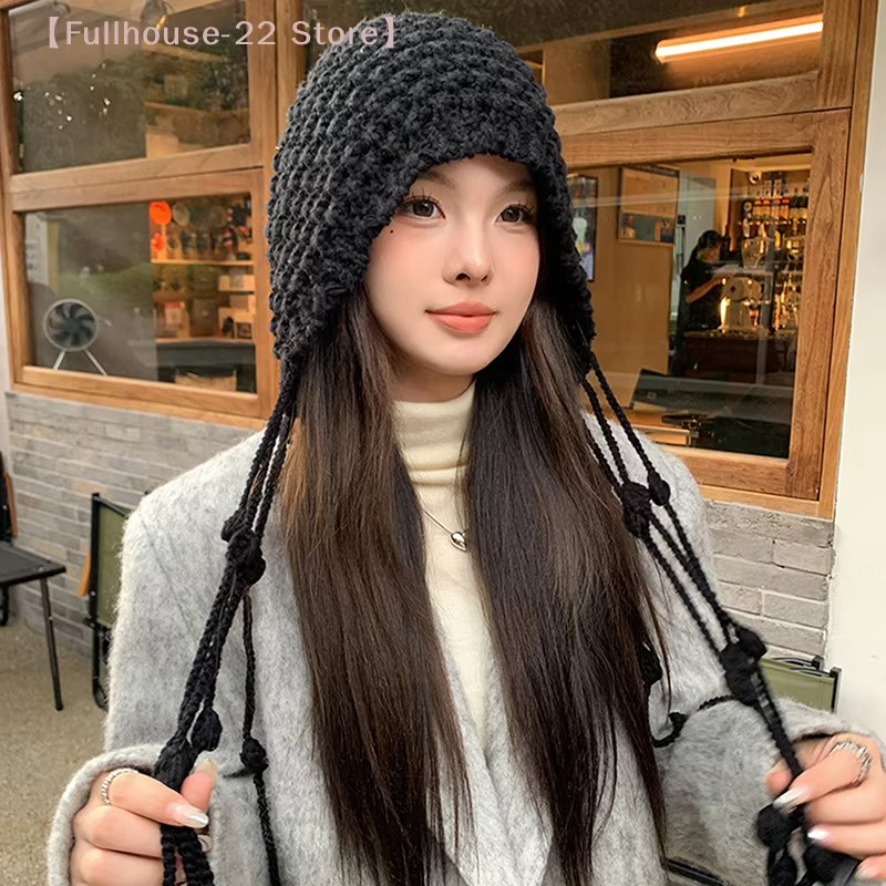 Winter Wool Hat Knitted Beanie with Pompom Tassel Ear Protection Bonnet ...