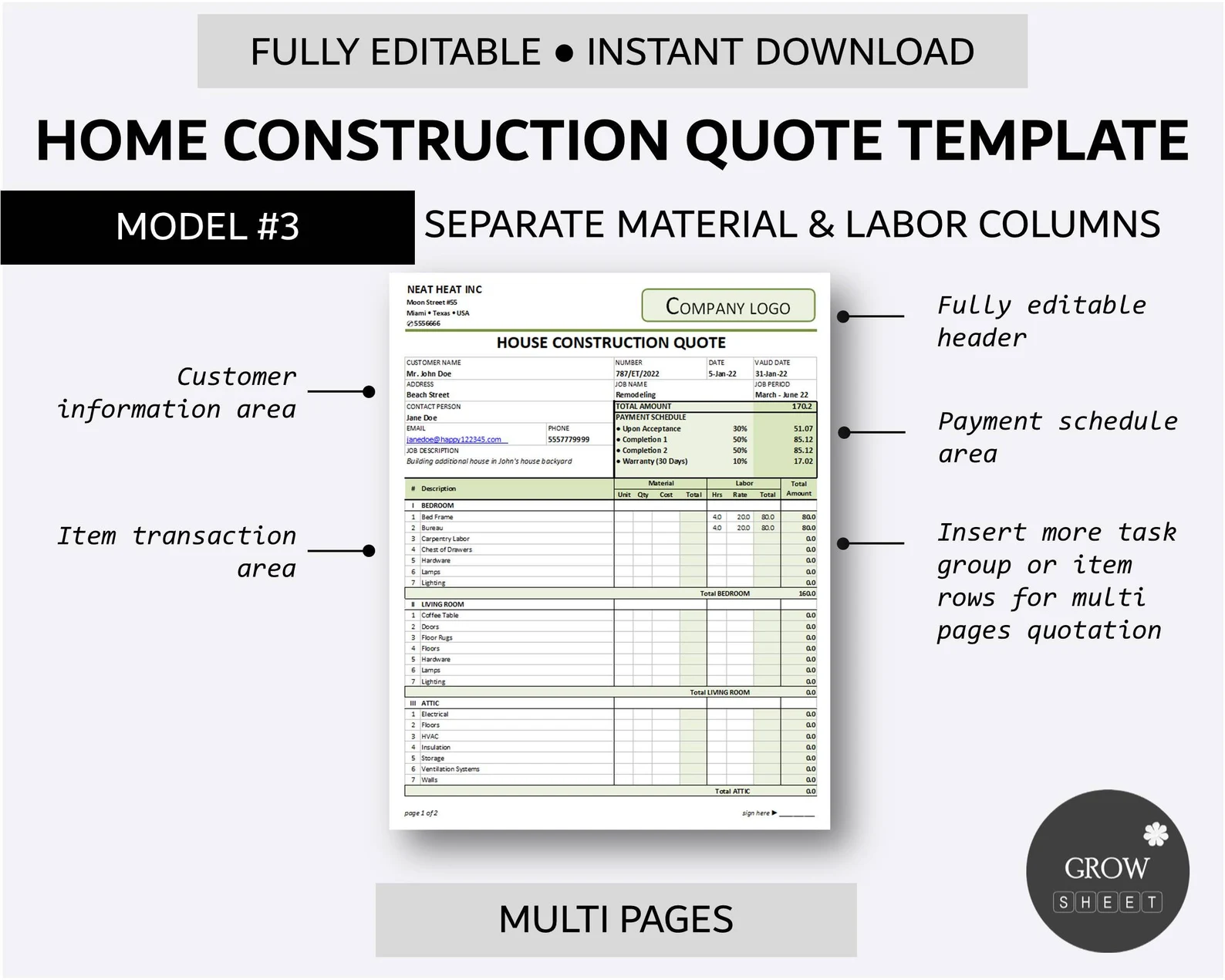 Printable House Renovation Quote Template Price Quotation Form for ...