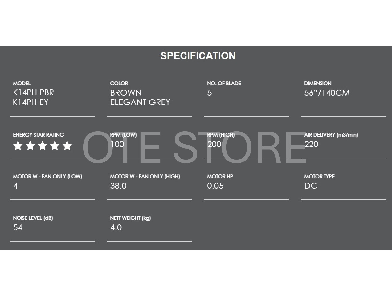 KDK K14PH RYOU-SERIES 5 BLADE DC MOTOR REMOTE CEILING FAN (GREY / BROWN ...