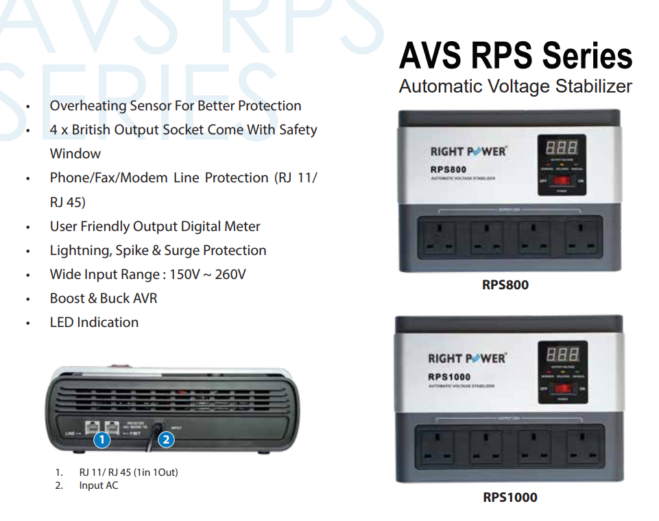 RIGHT POWER AVR 800VA (TR800-LE/RPS800) / 1000VA (TR1000-LE/RPS1000 ...