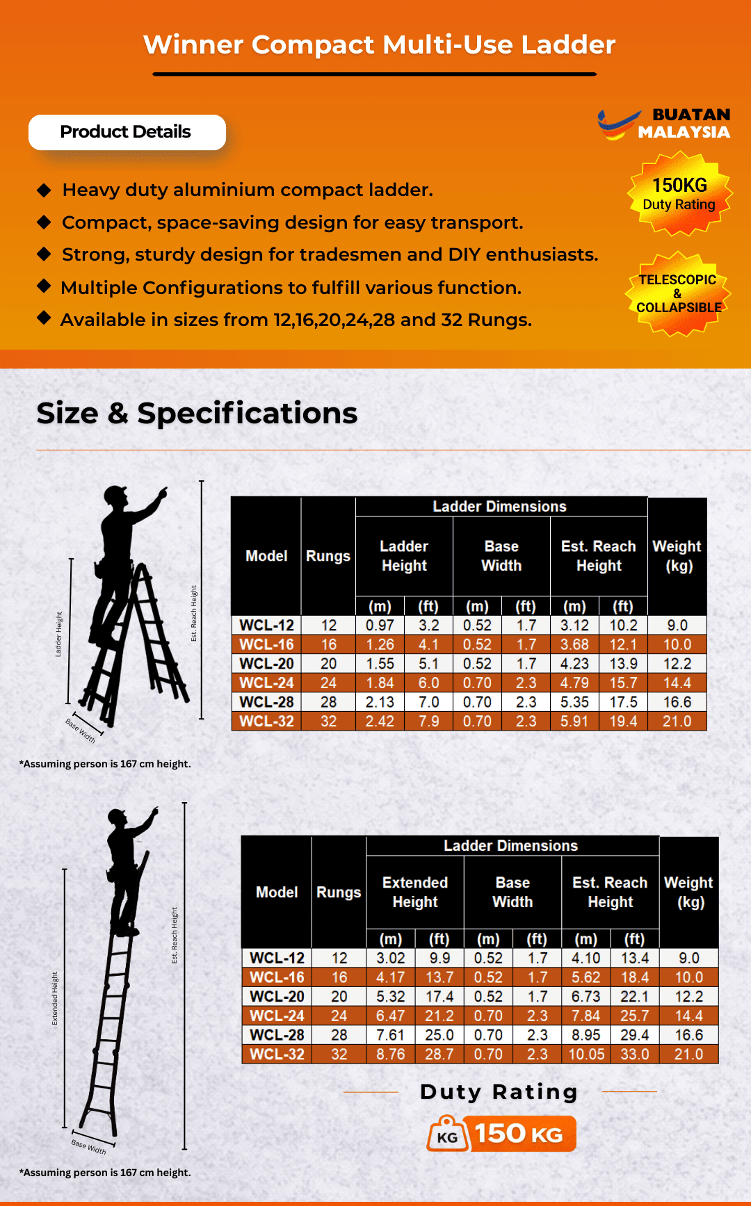 Winner Ladder Aluminium Compact Ladder WCL-12 Multipurpose Ladder 12 ...