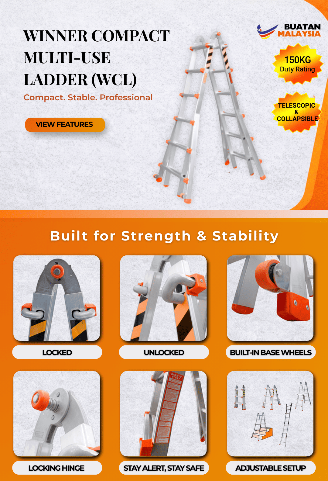 Winner Aluminium Compact Ladder WCL-24 Multipurpose Ladder 24 Step ...