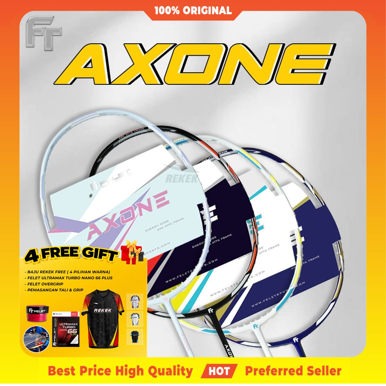 FELET Axone Badminton Racket Original | Raket Badminton Tali Grip Siap ...