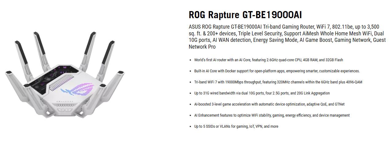 Asus ROG Rapture GT-BE19000AI WiFi 7 Tri Band AI Gaming Router AiMesh ...