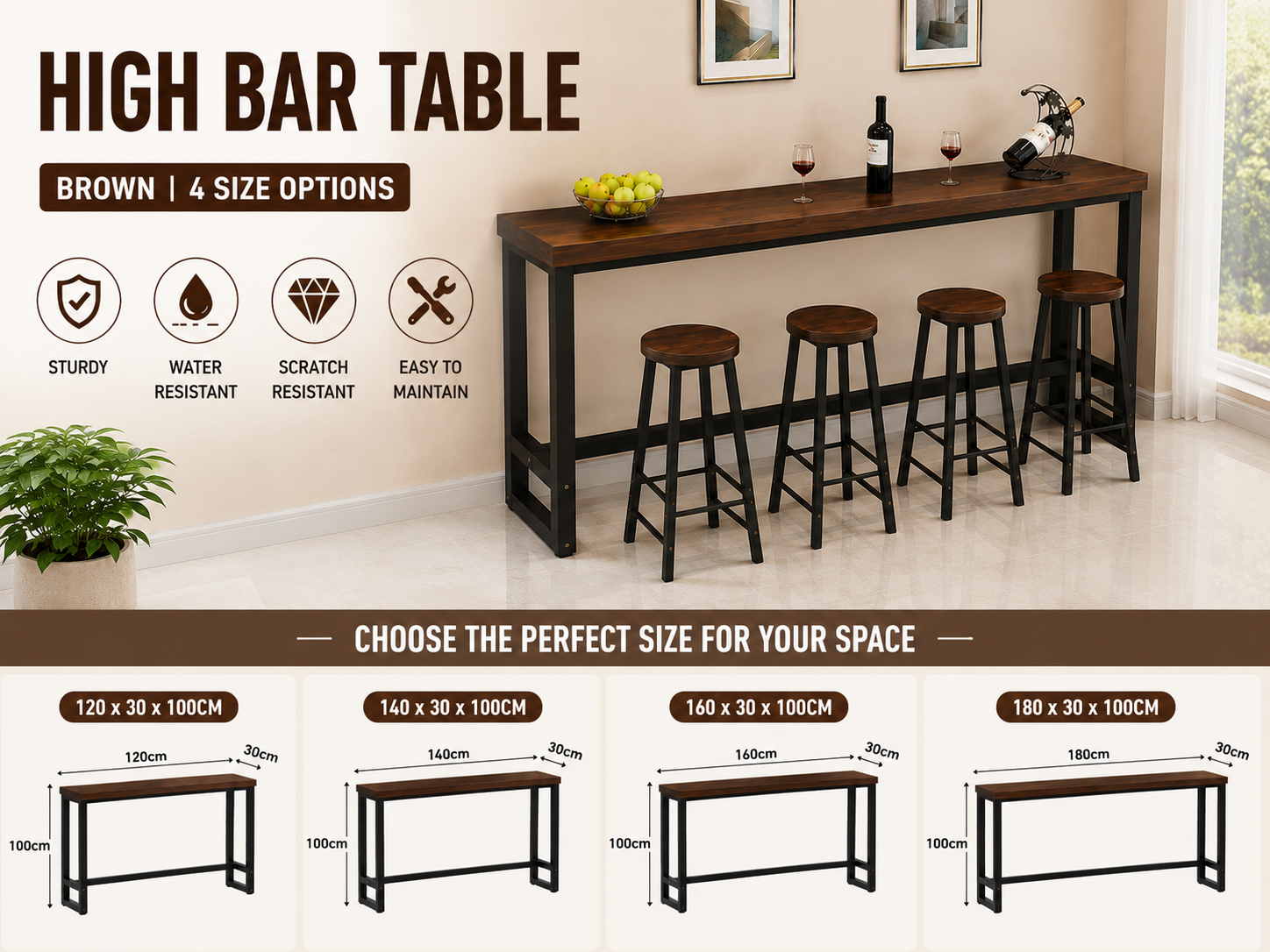 120/180CM Bar Table With Bar Stool Sofa Side Table Meja Bar Livingroom ...