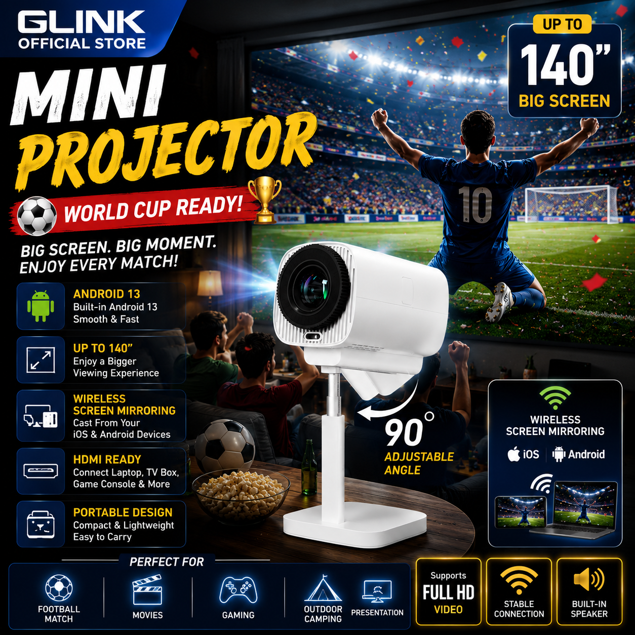 GLINK-MINI PROJECTOR REMOTE CONTROL PORTABLE ANDROID 13 MINI VIDEO LCD ...