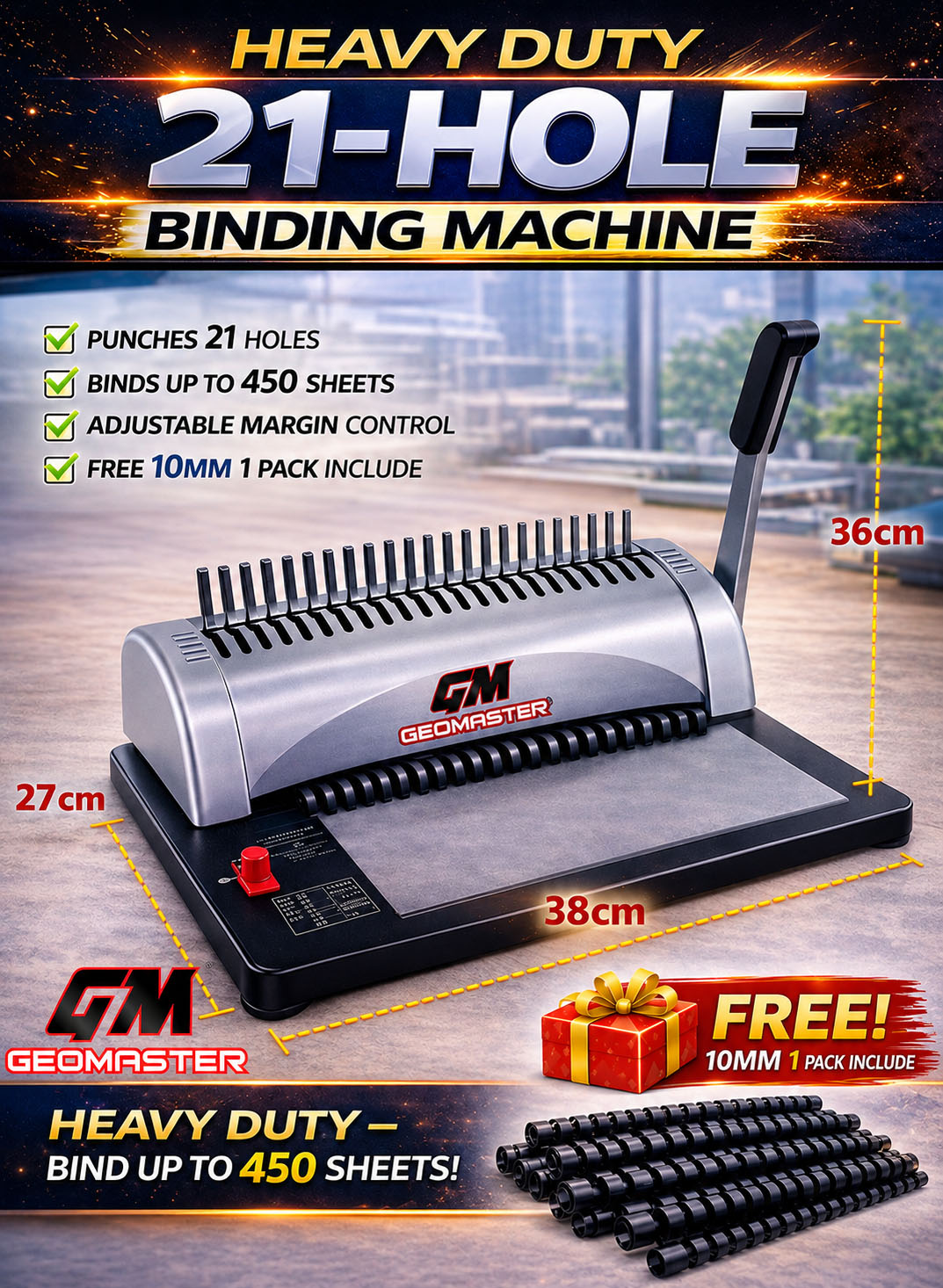Heavy Duty 21 Hole Binding Machine Free Comb Bind Up to 450 Sheets A4 ...