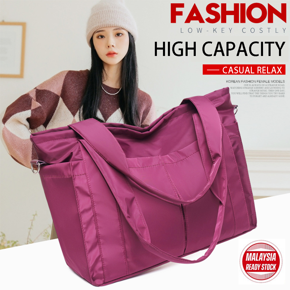 BEG BESAR PEREMPUAN HIGH CAPACITY PLAIN BIG NYLON TOTE BAG HAND CARRY ...