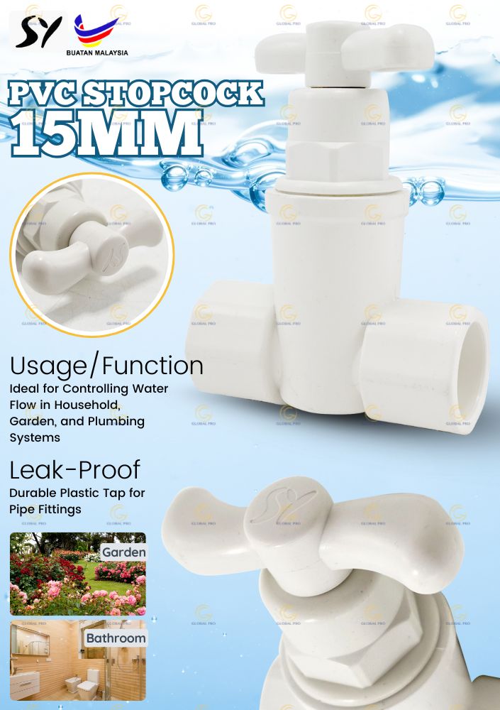 SY 15MM PVC Stopcock Bathroom Faucet Stop Valve Faucet Kepala Paip ...