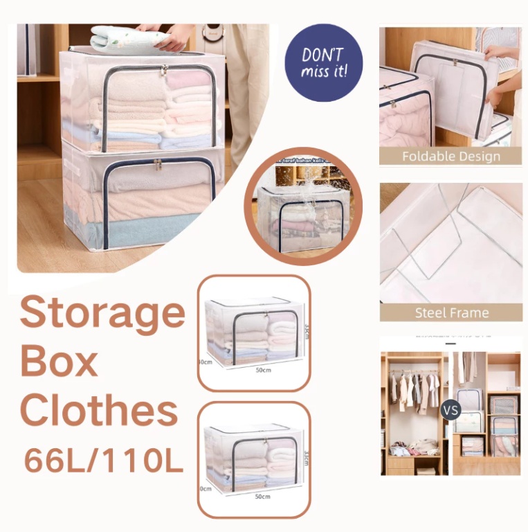 24L/66L/100L Foldable Storage Box Organizer Kotak Baju Storage Box ...