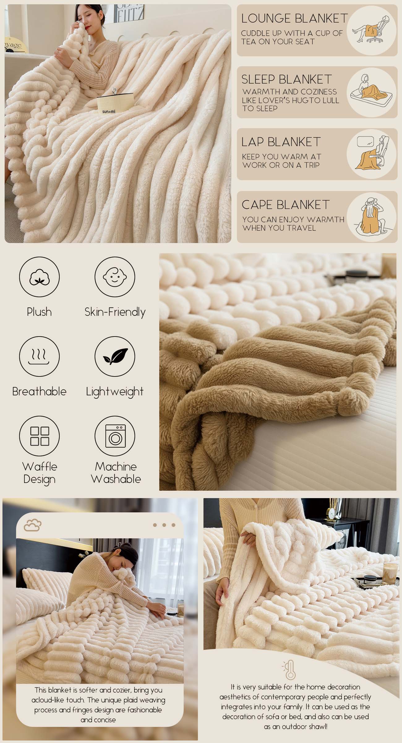 LUNAVA Selimut Blanket Single Rabbit Fluffy Blanket Napping Skin-Friend ...