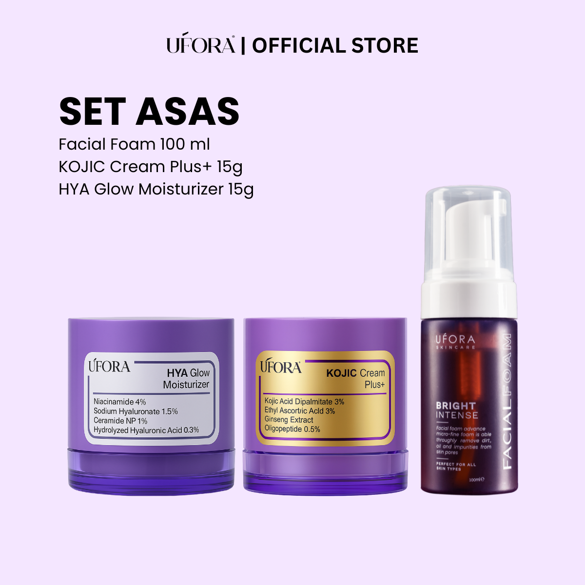 UFORA Set Asas 3 in 1 - Facial Foam 100ml, Kojic Cream Plus+ 15g, HYA ...