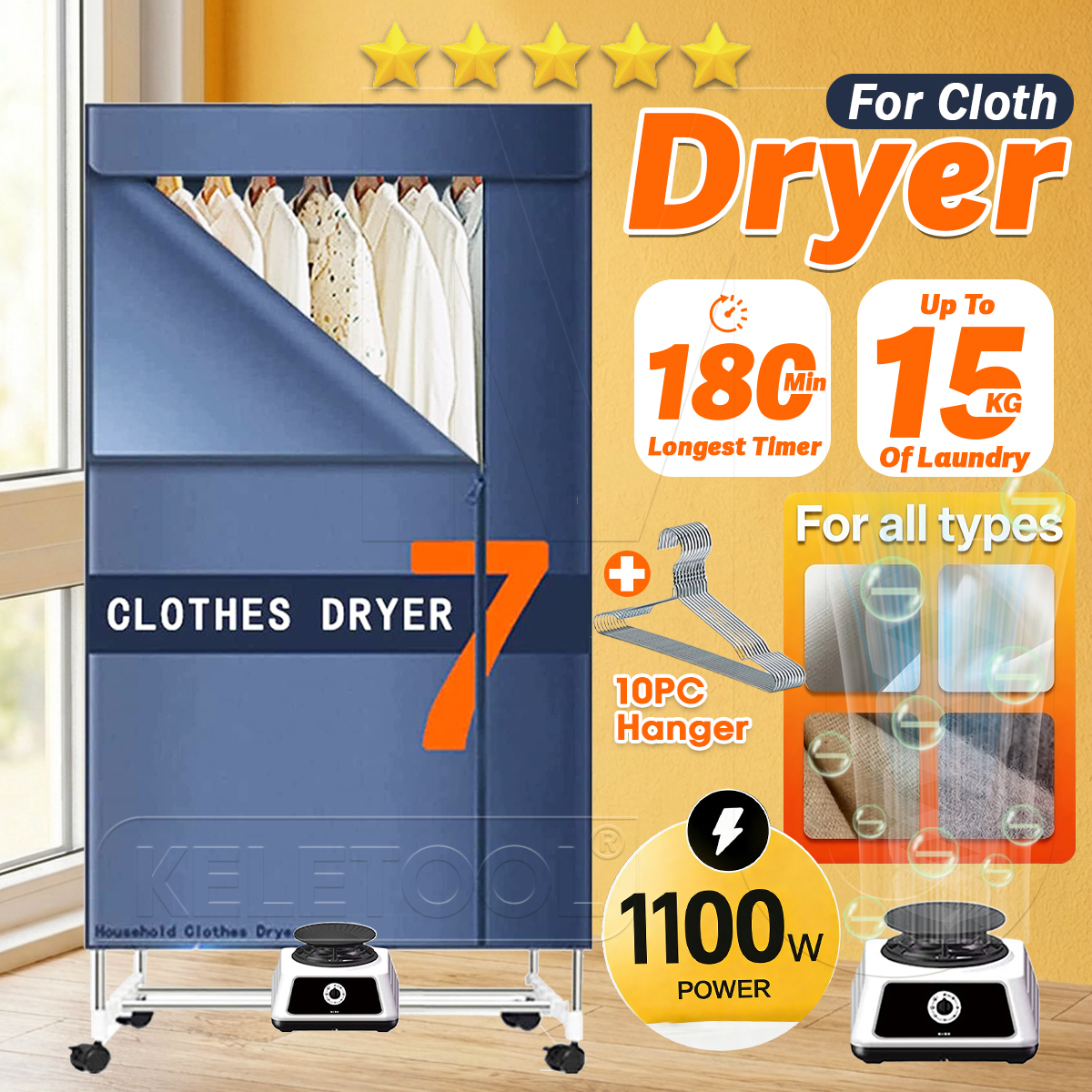 1100W Wind Powerful Clothes Dryer Machine Dryer Baju Portable Warm Air ...