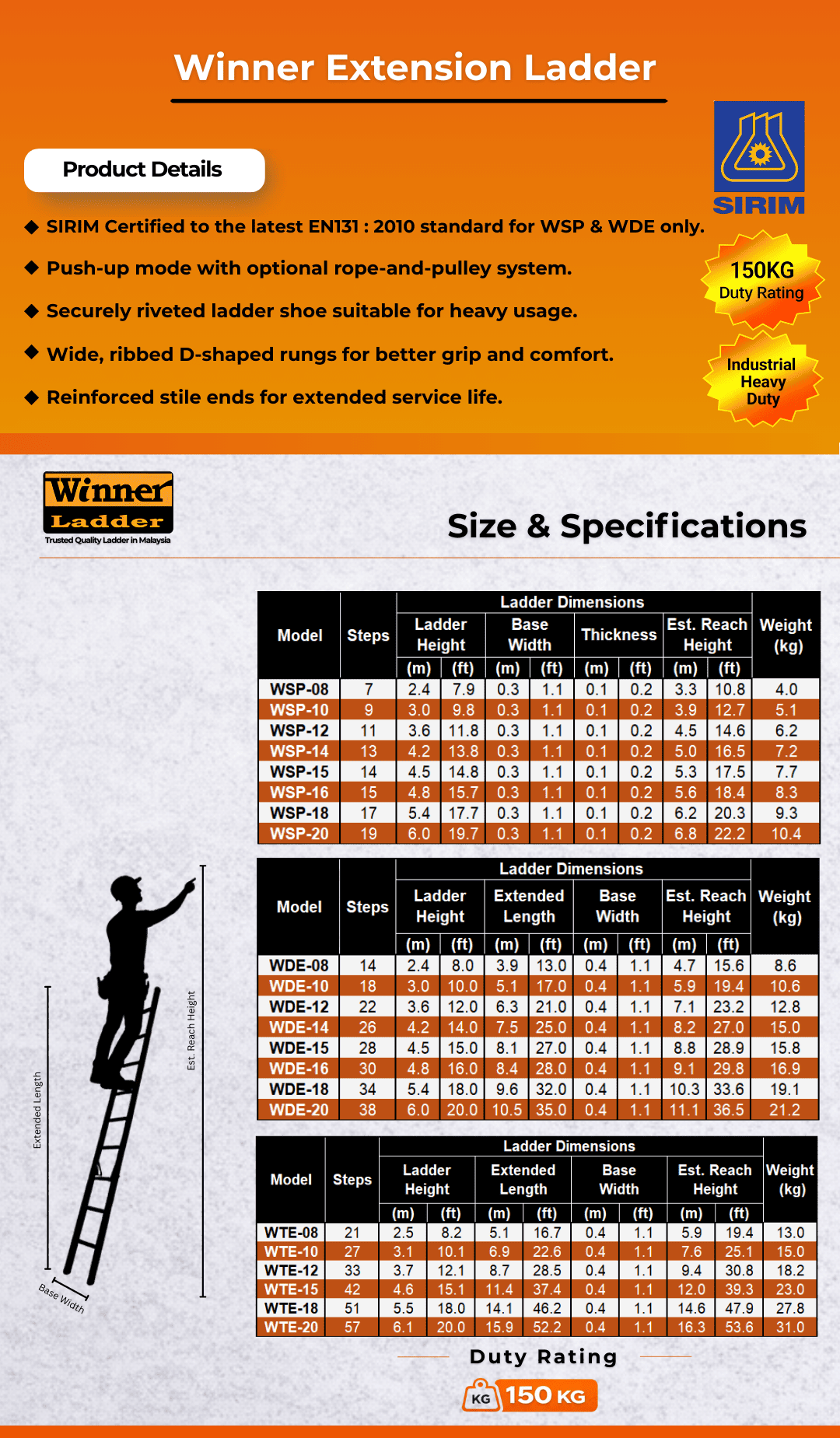 Winner Ladder Heavy Duty Aluminium Ladder (Single Pole/ Double /Triple ...