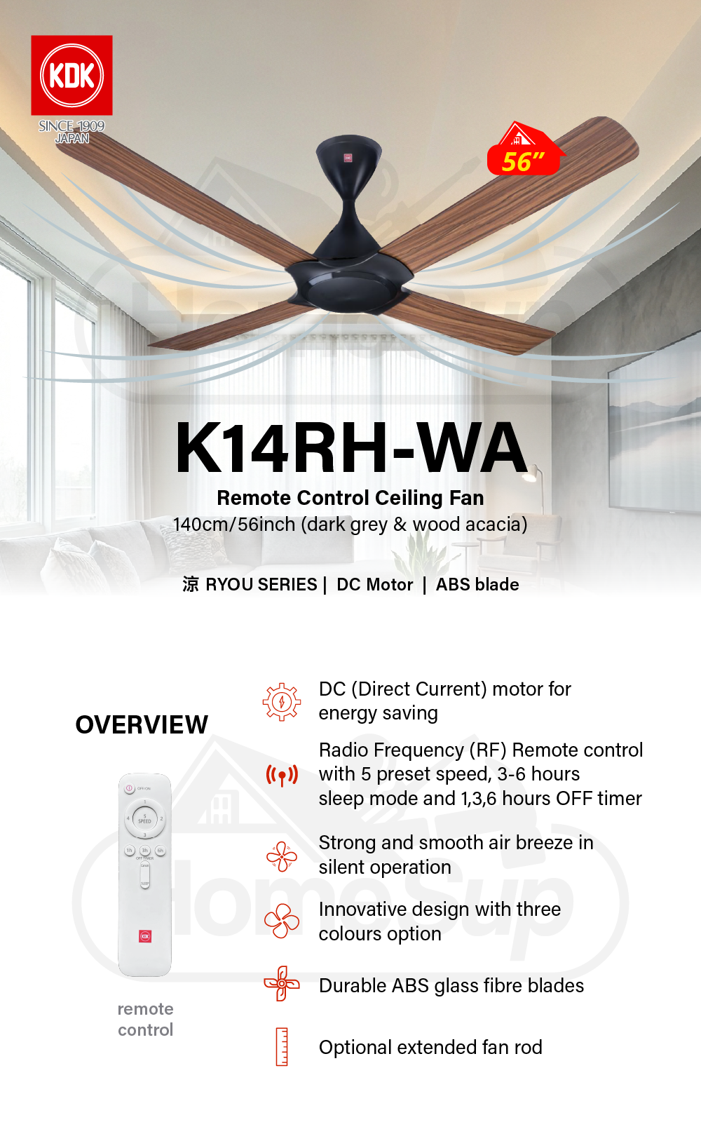 KDK K14rh-wa Ceiling Fan – 56 Inch, Dc Motor, Dark Grey & Wood Acacia ...