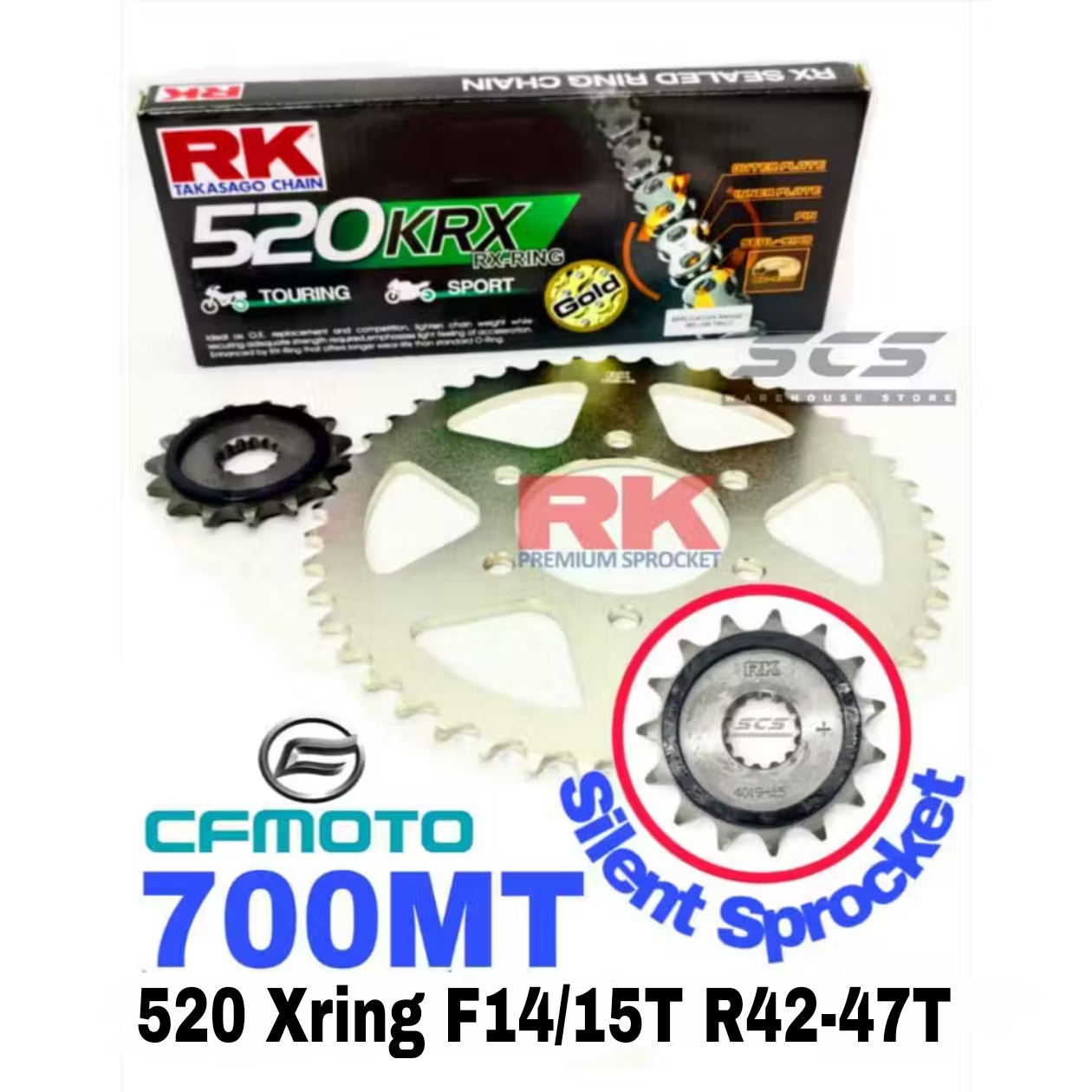 RK Sprocket Set CF MOTO 700MT RK 520 KRX X-Ring Black Gold Chain Silent ...