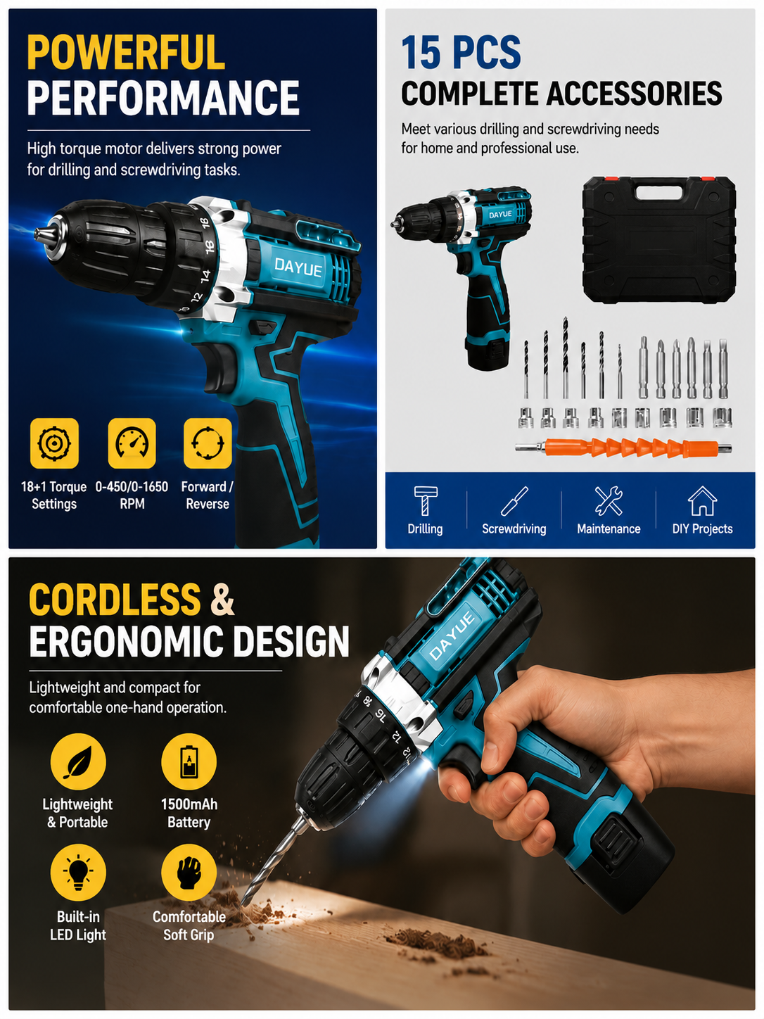 MY Ready Stock DAYUE Cordless Drill Ultra Light Powerful Motor 24pcs ...