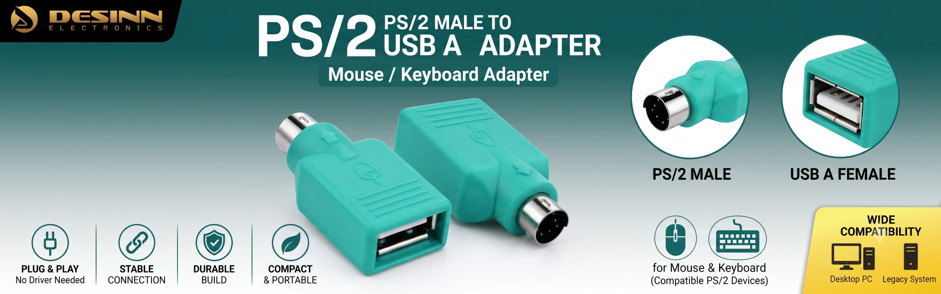 PS/2 Male to USB A Female Adapter Green for Mouse Keyboard Converter ...