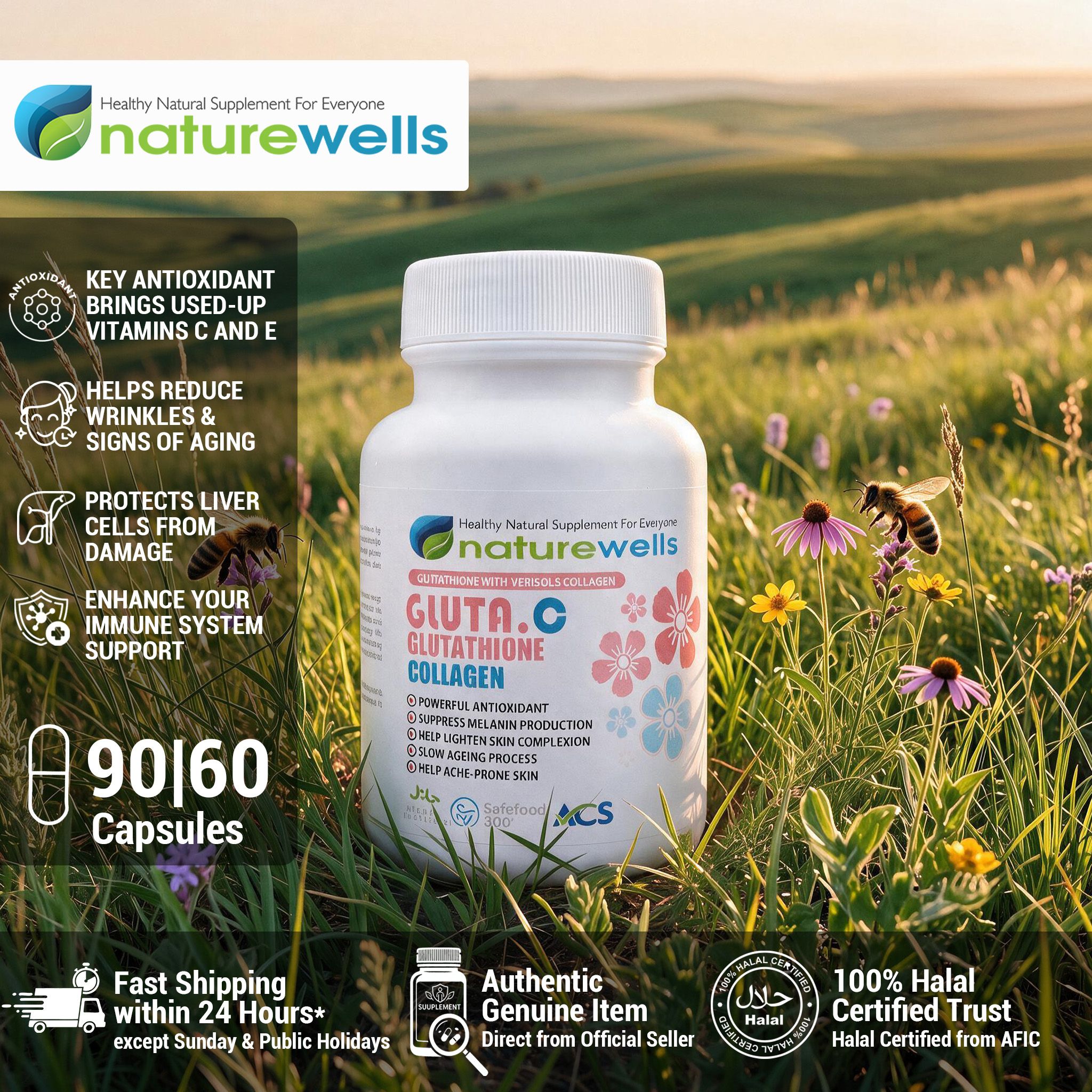 NEW!! Naturewells GLUTA C GLUTATHIONE COLLAGEN VERISOL® Bioactive ...