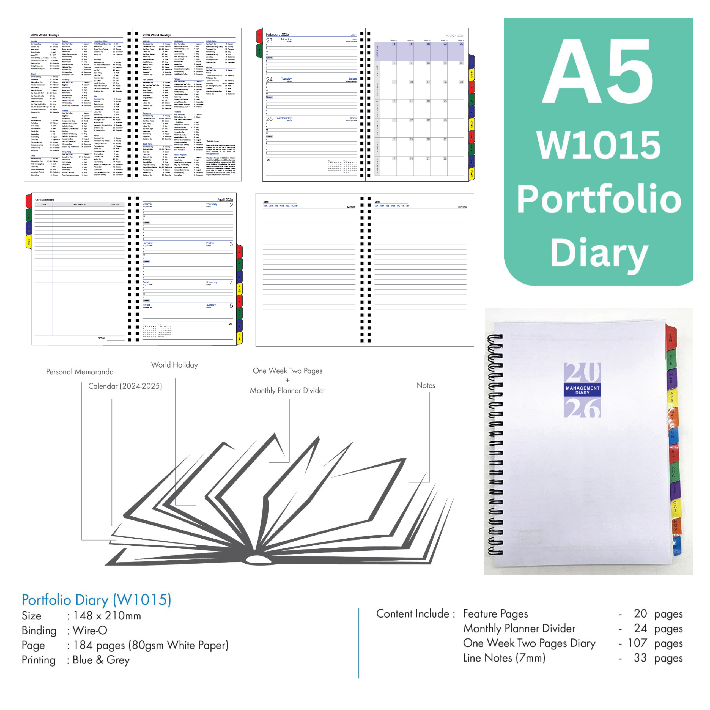 2026 Diary Planner A5 PU Leather W1003 Wire O Monthly Planner Notebook ...