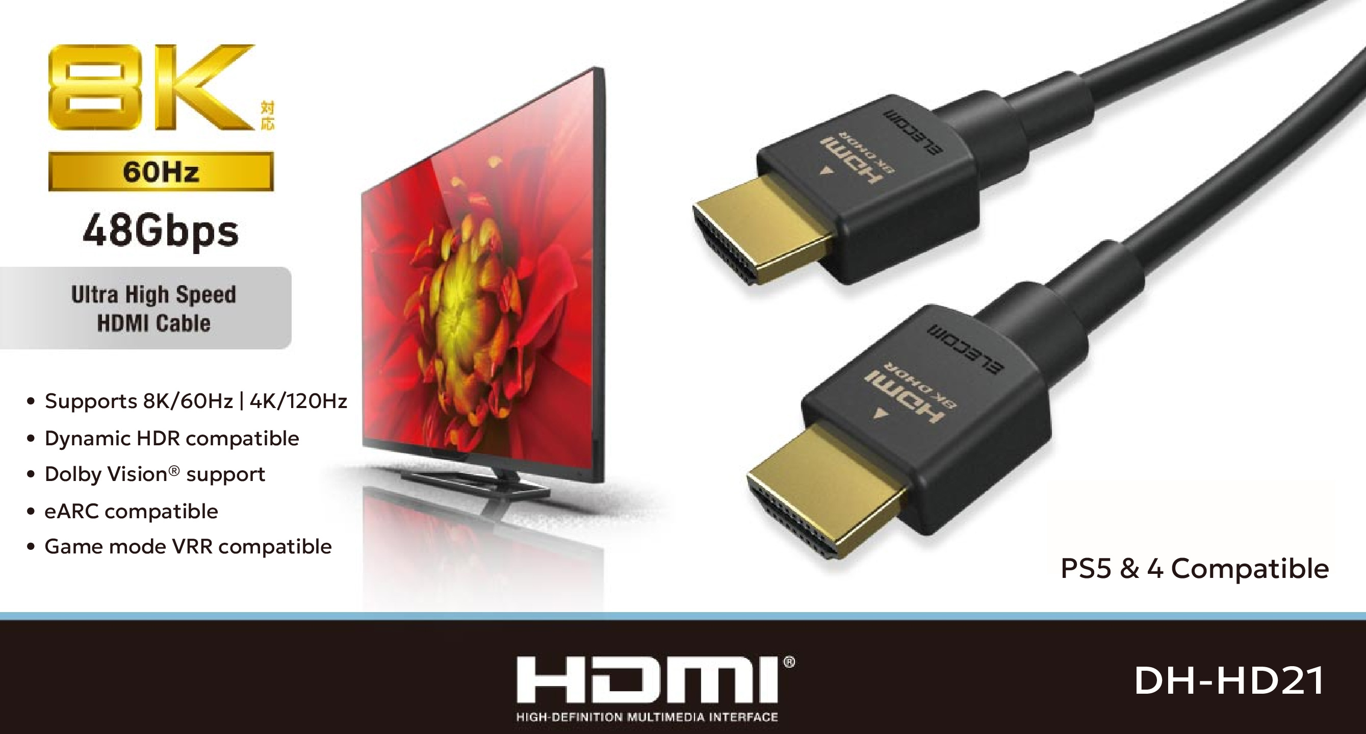 ELECOM Ultra High Speed HDMI 2.1 Cable (8K/60Hz, 4K/120Hz, Dolby Vision ...