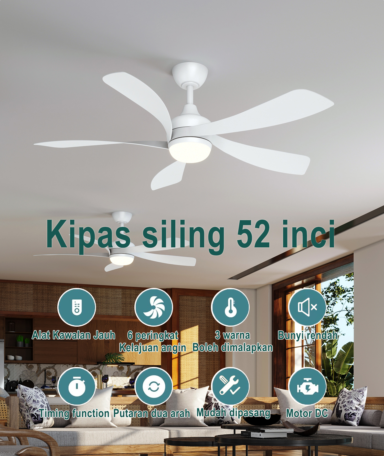Kipas siling 52 inci, kipas putih ABS minimalis moden, motor DC 6 ...