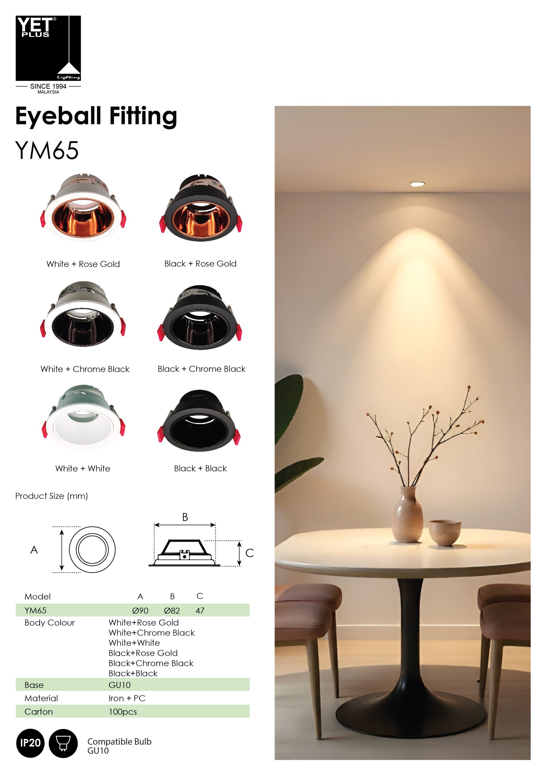 YETPlus YM65 Eyeball Fitting IP20 GU10 Compatible Surface Recessed ...