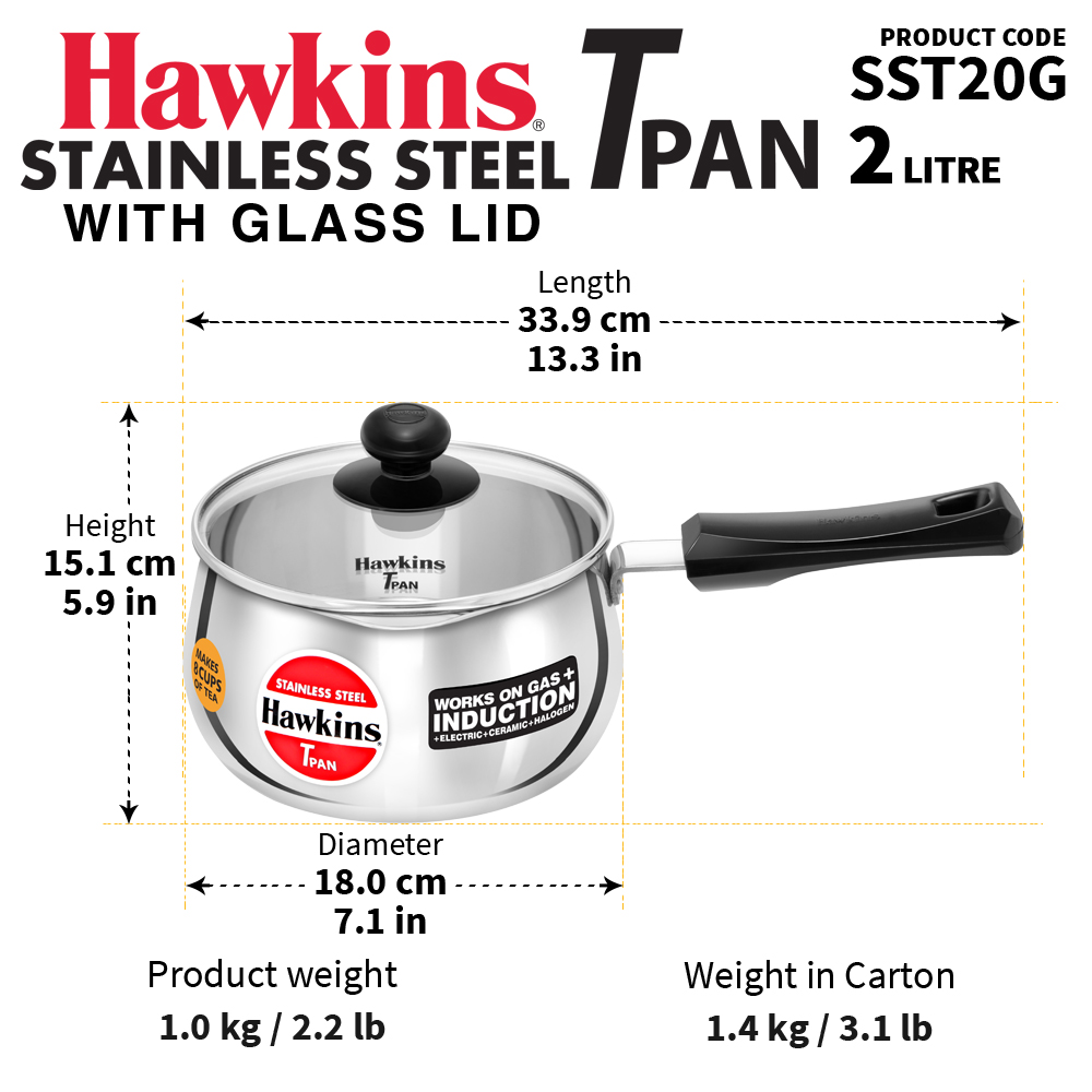 Hawkins 2 Litre Tpan, Stainless Steel Tea Pan with Glass Lid, Induction ...