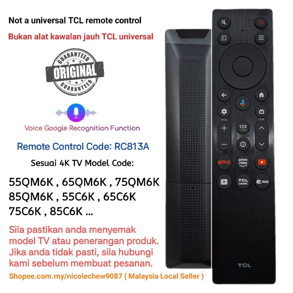Original / Asal TCL RC813A 4K Led TV Remote Control With Voice Google ...