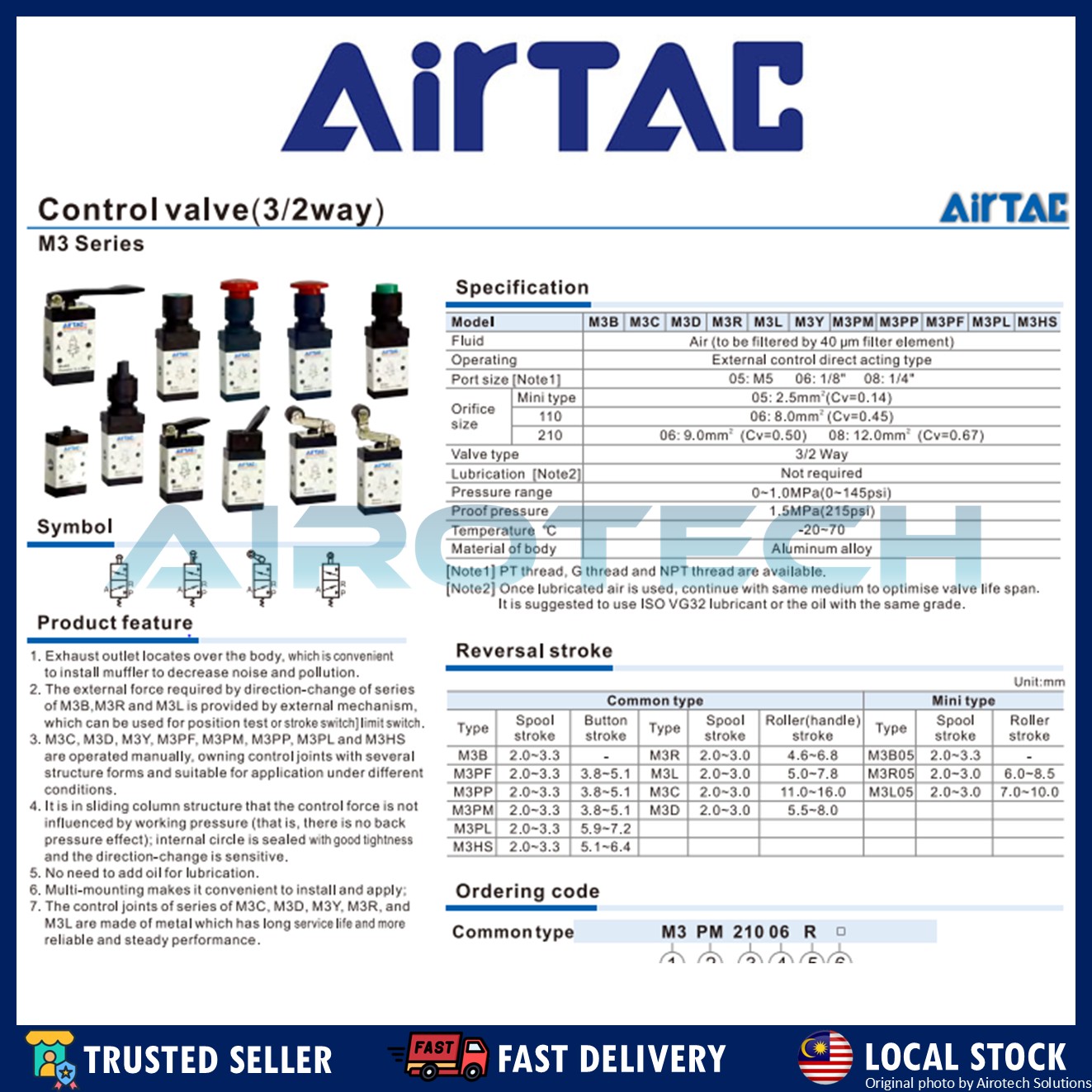 AirTAC M3 Series Control Valve 3/2 way Mechanical Valve Limit Switch ...