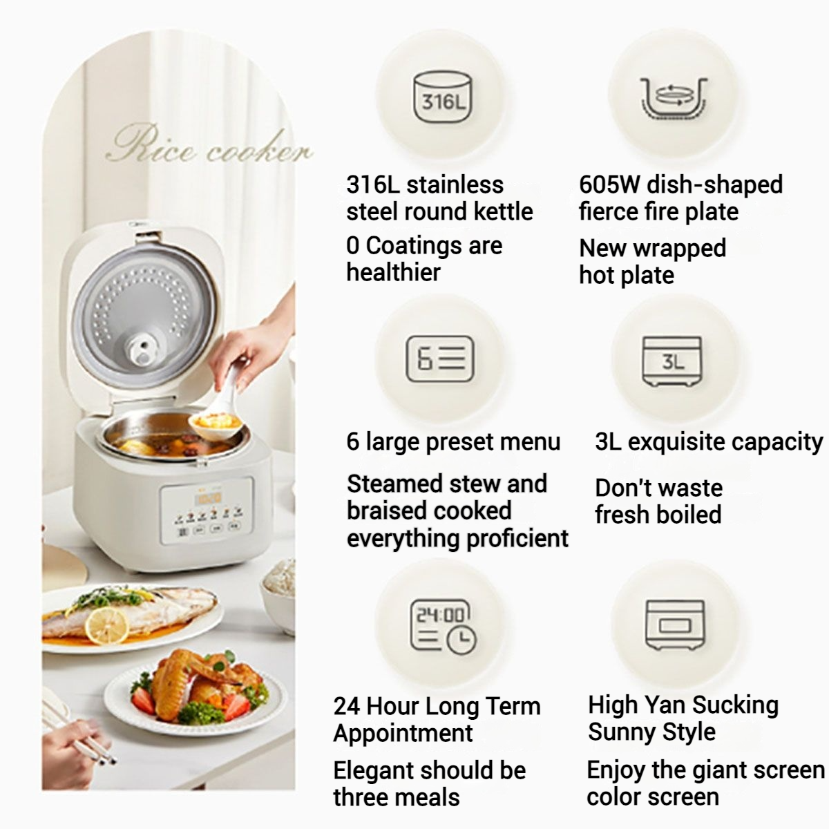 Midea Smart 3L Rice Cooker, No Coating, Reservation and Multifunctional ...