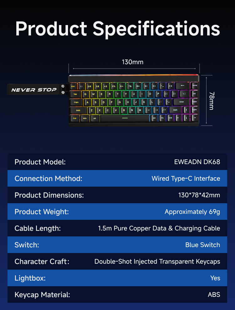 EWEADN DK68 Wired Mechanical Keyboard 68-Key Compact Layout Blue Switch ...